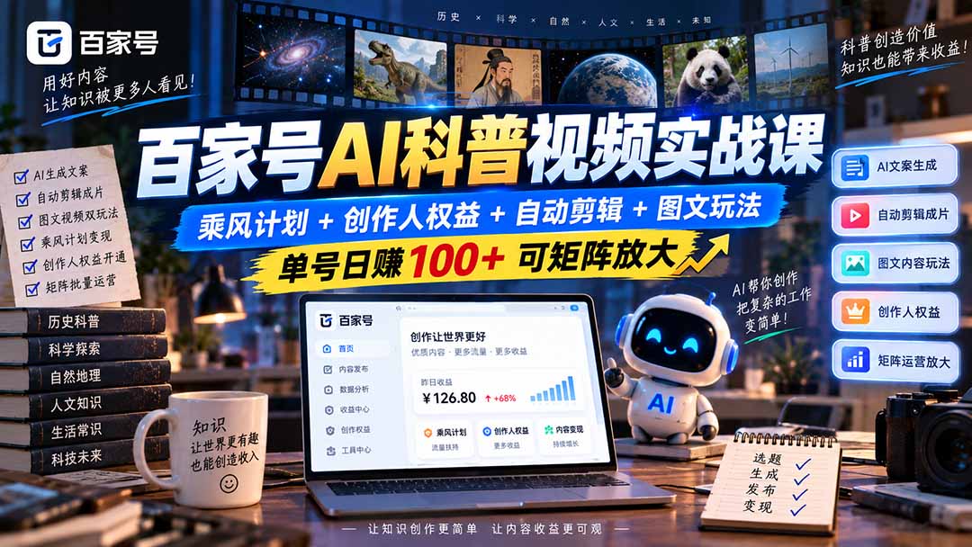 百家号AI科普视频实战课：乘风计划+创作人权益+自动剪辑+图文玩法，单号日赚100+可矩阵放大-云创网