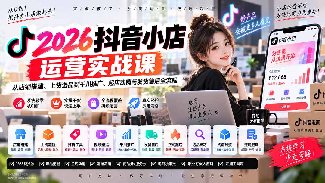 2026抖音小店运营实战课｜从店铺搭建、上货选品到千川推广、起店动销与发货售后全流程-云创网