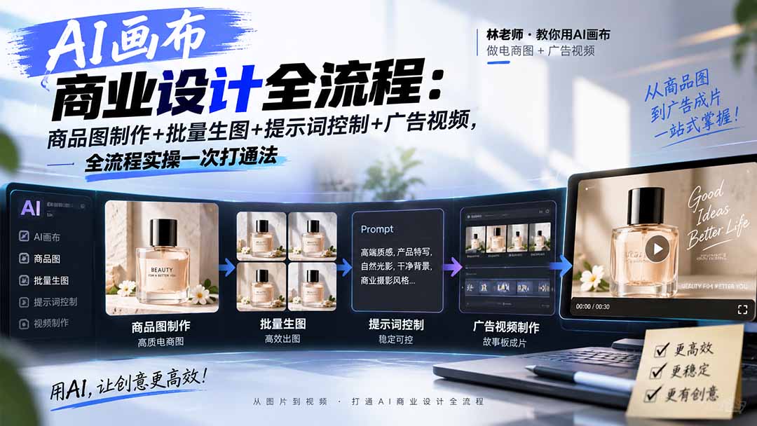 AI画布商业设计全流程：商品图制作+批量生图+提示词控制+广告视频，全流程实操一次打通法-云创网