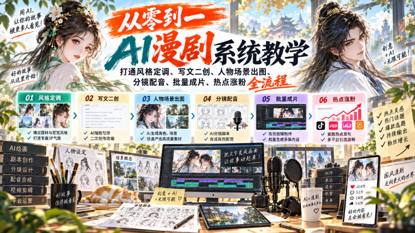 从零到一AI漫剧系统教学，打通风格定调、写文二创、人物场景出图、分镜配音、批量成片、热点涨粉全流程-云创网