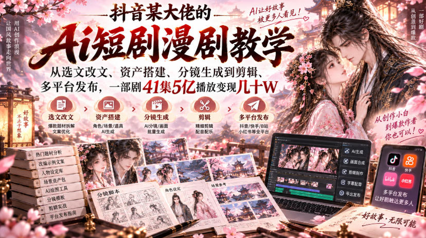 抖音某大佬的Ai短剧漫剧教学，从选文改文、资产搭建、分镜生成到剪辑、多平台发布，一部剧41集5亿播放变现几十W-云创网