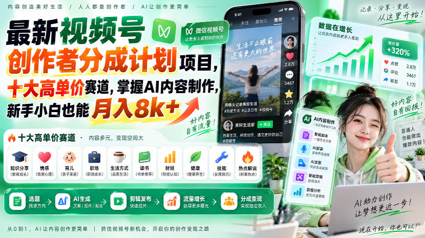 最新视频号创作者分成计划项目，十大高单价赛道，掌握AI内容制作，新手小白也能月入8k+-云创网