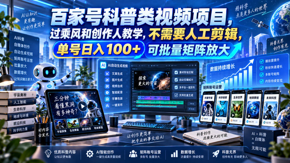 百家号科普类视频项目，过乘风和创作人教学，不需要人工剪辑，单号日入100+可批量矩阵放大-云创网
