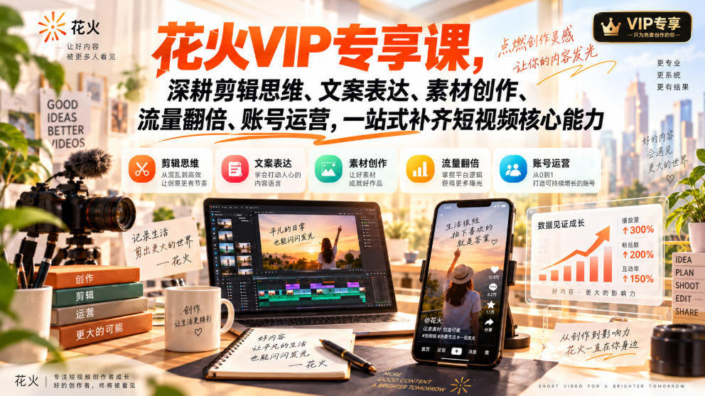 花火VIP专享课，深耕剪辑思维、文案表达、素材创作、流量翻倍、账号运营，一站式补齐短视频核心能力-云创网