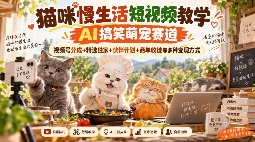 猫咪慢生活短视频教学，AI搞笑萌宠赛道，视频号分成+精选独家+伙伴计划+商单收徒等多种变现方式-云创网