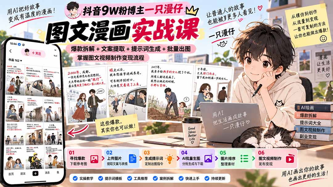 抖音9W粉博主一只漫仔图文漫画课：爆款拆解+文案提取+提示词生成+批量出图，掌握图文视频制作变现流程-云创网