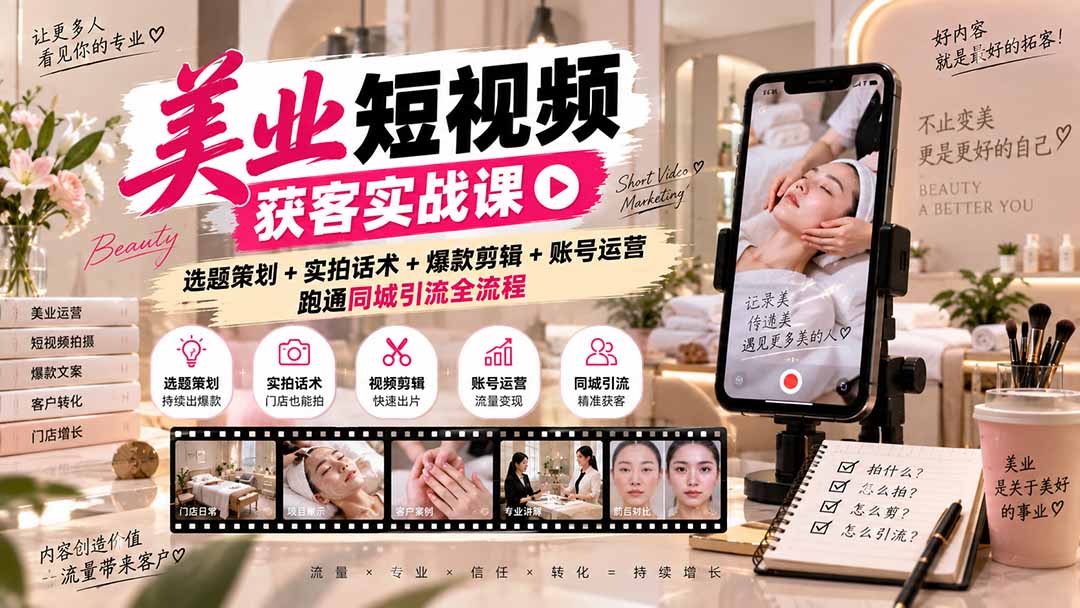 美业短视频获客实战课-无水印：选题策划+实拍话术+爆款剪辑+账号运营，跑通同城引流全流程-云创网