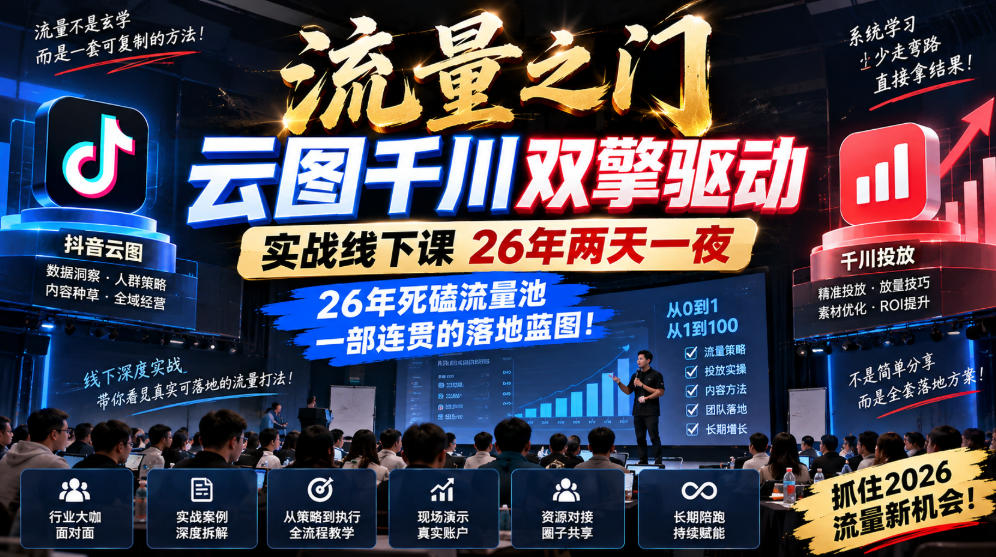流量之门-云图千川双擎驱动实战线下课26年两天一夜，26年死磕流量池一部连贯的落地蓝图!-云创网