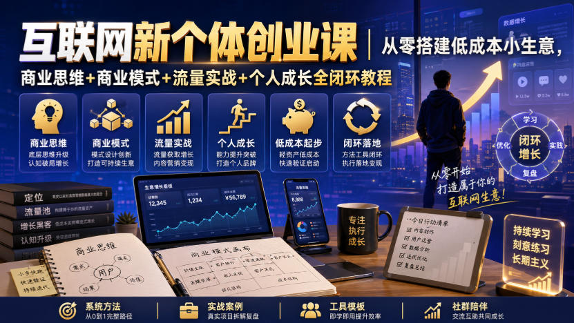 互联网新个体创业课｜从零搭建低成本小生意，商业思维+商业模式+流量实战+个人成长全闭环教程(更新0922)-云创网