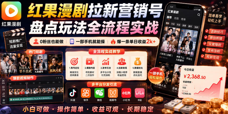 红果漫剧拉新营销号盘点玩法全流程实战，0粉丝也能做，一部手机就能做，爆一条单日收益2k+(更新0922)-云创网