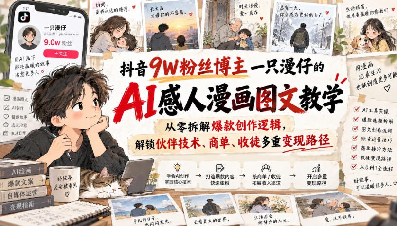 抖音9W粉丝博主一只漫仔的AI感人漫画图文教学，从零拆解爆款创作逻辑，解锁伙伴技术、商单、收徒多重变现路径-云创网