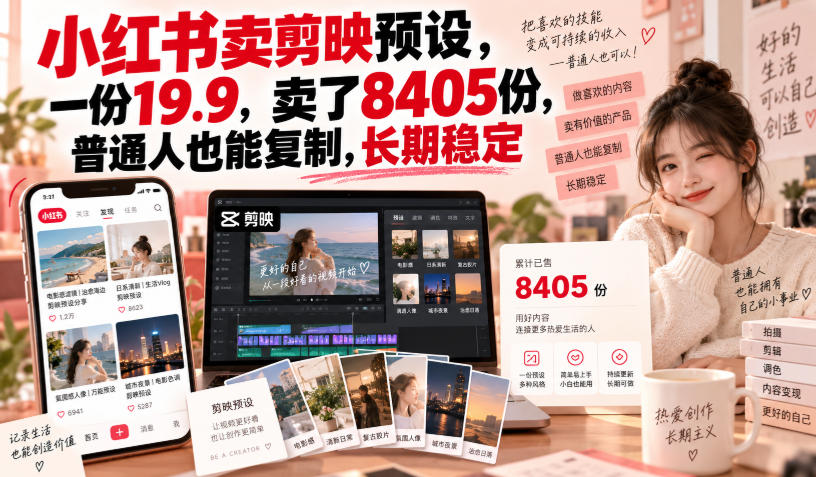 小红书卖剪映预设，一份19.9，卖了8405份，普通人也能复制，长期稳定-云创网