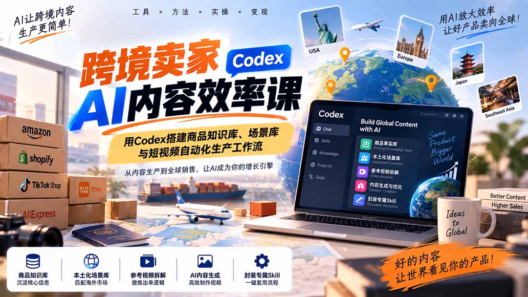 跨境卖家AI内容效率课：用Codex搭建商品知识库、场景库与短视频自动化生产工作流-云创网