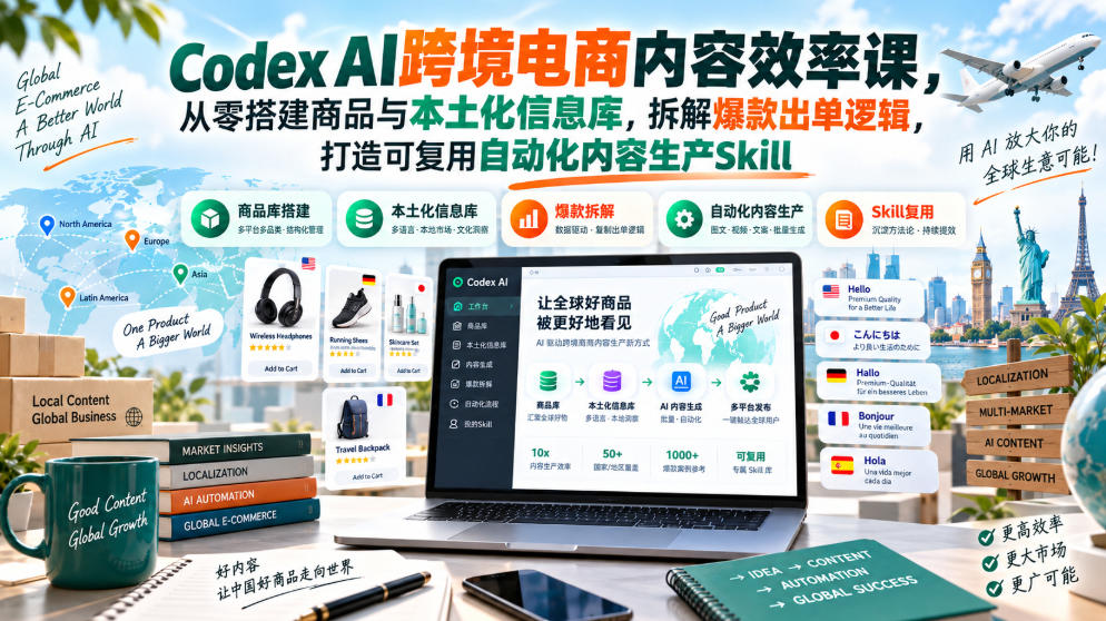 Codex AI跨境电商内容效率课，从零搭建商品与本土化信息库，拆解爆款出单逻辑，打造可复用自动化内容生产Skill-云创网