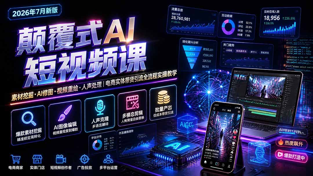 颠覆式AI短视频课-更新｜素材挖掘，AI修图，视频重绘，人声处理｜电商实体带货引流全流程实操教学-云创网