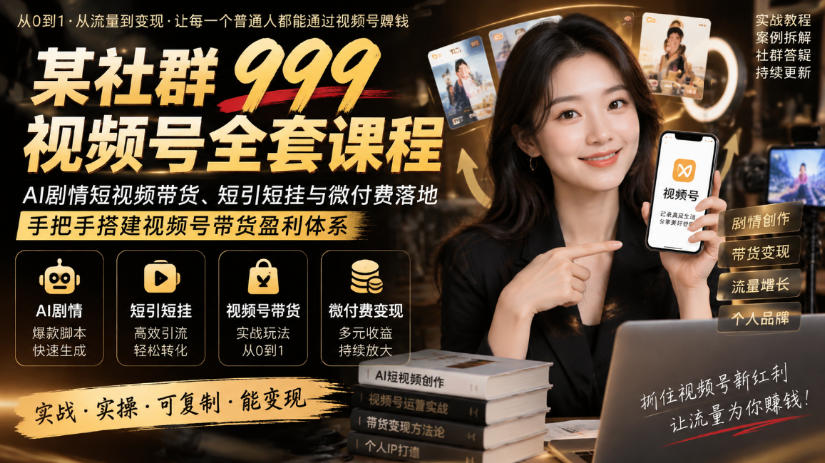 某社群999视频号全套课程，AI剧情短视频带货、短引短挂与微付费落地，手把手搭建视频号带货盈利体系-云创网