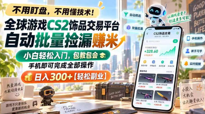 全球游戏CS2饰品交易平台自动批量捡漏賺米，小白轻松入门，包教包会，手机即可完成全部操作，日入300+【揭秘】-云创网