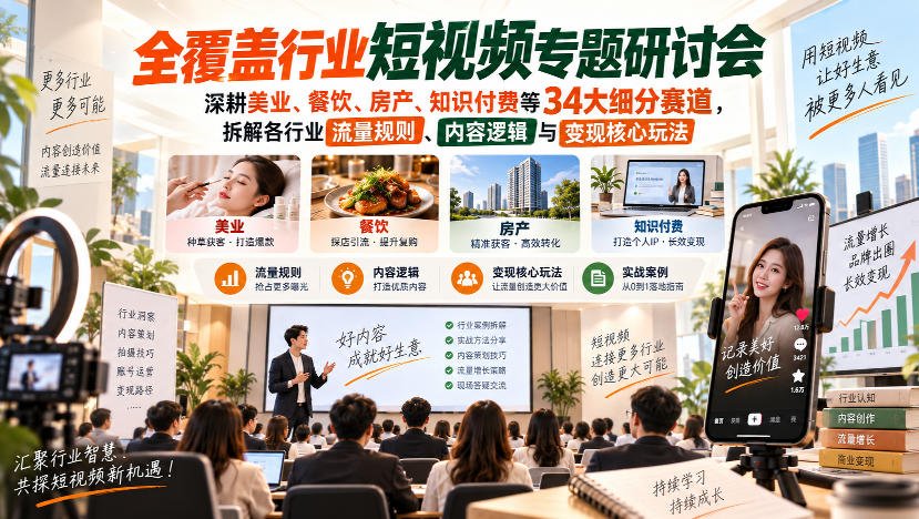 短视频专题研讨会，深耕美业、餐饮、房产、知识付费等34大细分赛道，拆解各行业流量规则、内容逻辑与变现核心玩法-云创网