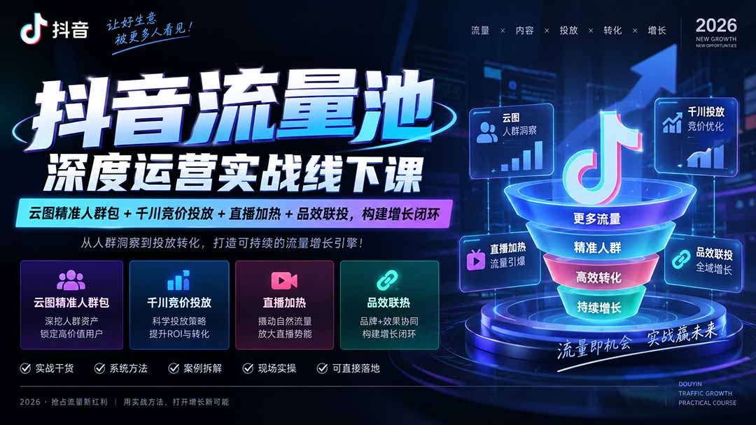 抖音流量池深度运营实战线下课｜云图精准人群包+千川竞价投放+直播加热+品效联投，构建增长闭环-云创网