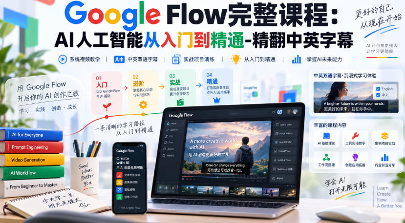 【无水印】Google Flow完整课程：AI人工智能从入门到精通-精翻中英字幕-云创网
