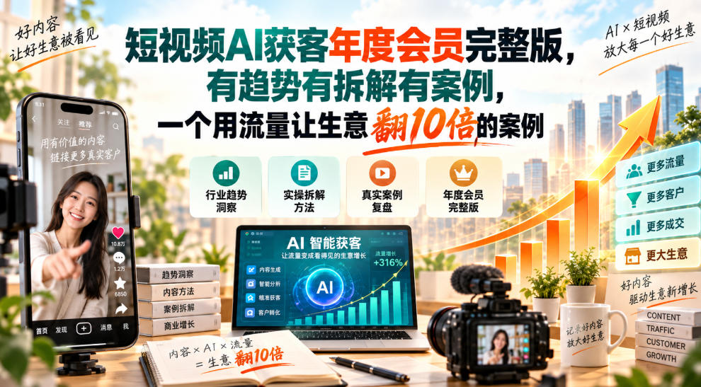 短视频AI获客年度会员完整版，有趋势有拆解有案例，一个用流量让生意翻10倍的案例-云创网