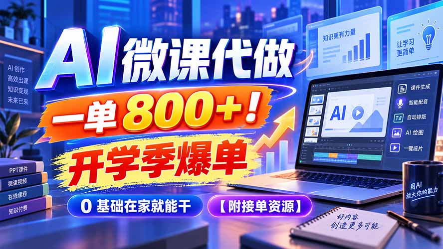 AI 微课代做，一单 800+！开学季爆单，0 基础在家就能干【附接单资源】-云创网