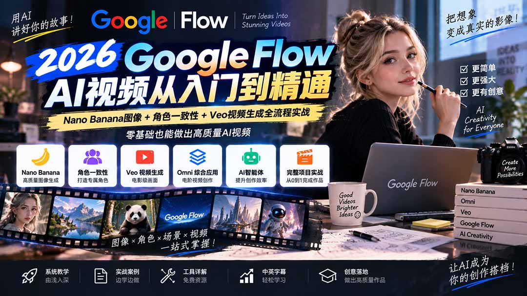 【无水印】Google Flow AI视频从入门到精通：Nano Banana图像+角色一致性+Veo视频生成全流程实战-精翻中英字幕-云创网