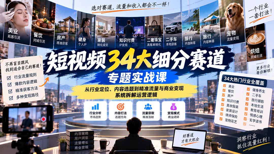 短视频34大细分赛道专题实战课：从行业定位、内容选题到精准流量与商业变现，系统拆解运营逻辑-云创网