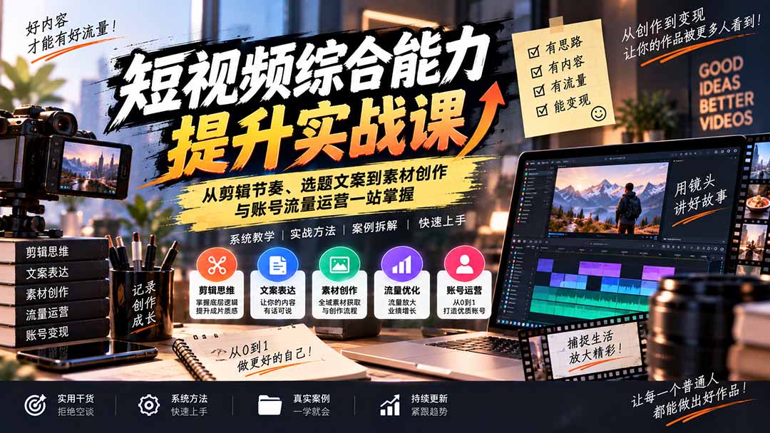 短视频综合能力提升实战课：从剪辑节奏、选题文案到素材创作与账号流量运营一站掌握-云创网
