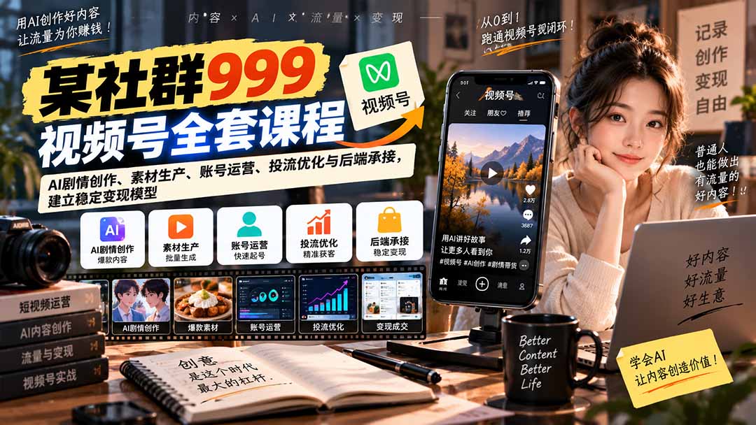 【无水印】某社群999视频号全套课程：AI剧情创作、素材生产、账号运营、投流优化与后端承接，建立稳定变现模型-云创网