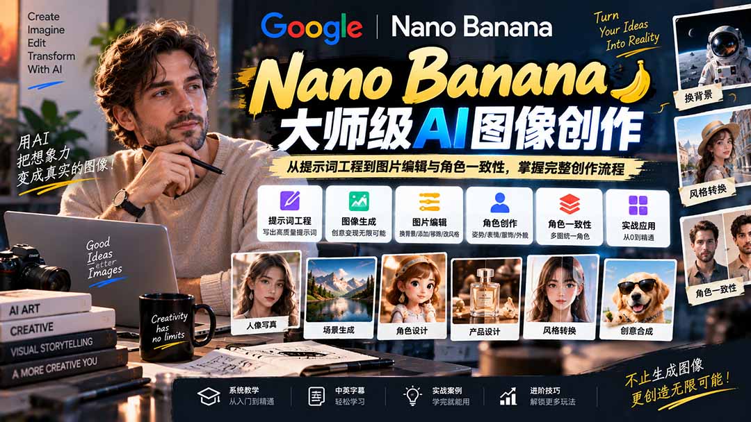 【无水印】Nano Banana大师级AI图像实战课：从提示词工程到图片编辑与角色一致性，掌握完整创作流程-云创网