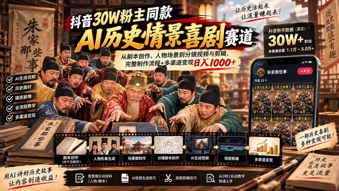 抖音30W粉博主同款AI历史情景喜剧赛道：从剧本创作、人物场景到分镜视频与剪辑，完整制作流程+多渠道变现日入1000+-云创网