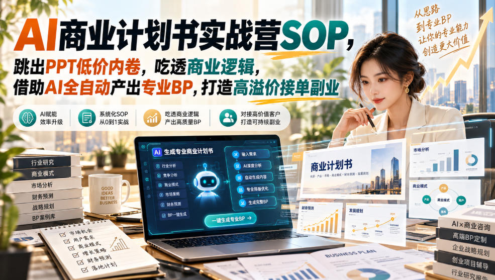 AI商业计划书实战营SOP，跳出PPT低价内卷，吃透商业逻辑，借助AI全自动产出专业BP，打造高溢价接单副业-云创网