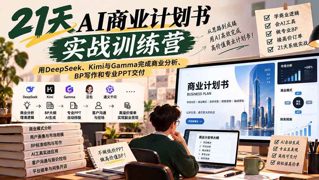 【无水印】21天AI商业计划书实战训练营：用DeepSeek、Kimi与Gamma完成商业分析、BP写作和专业PPT交付-云创网