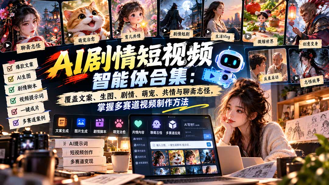 【无水印】AI剧情短视频智能体合集：覆盖文案、生图、剧情、萌宠、共情与聊斋志怪，掌握多赛道视频制作方法-云创网