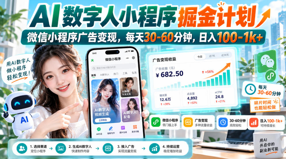 【无水印】AI数字人小程序掘金计划，微信小程序广告变现，每天30‑60分钟，日入100‑1k+-云创网