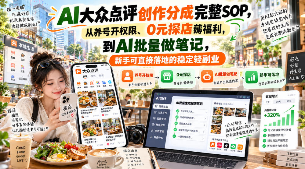 【无水印】AI大众点评创作分成完整SOP，从养号开权限、0元探店薅福利，到AI批量做笔记，新手可直接落地的稳定轻副业-云创网