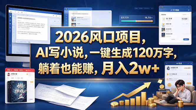 2026 风口项目，AI 写小说，一键生成 120 万字，躺着也能赚，月入 2w +-云创网