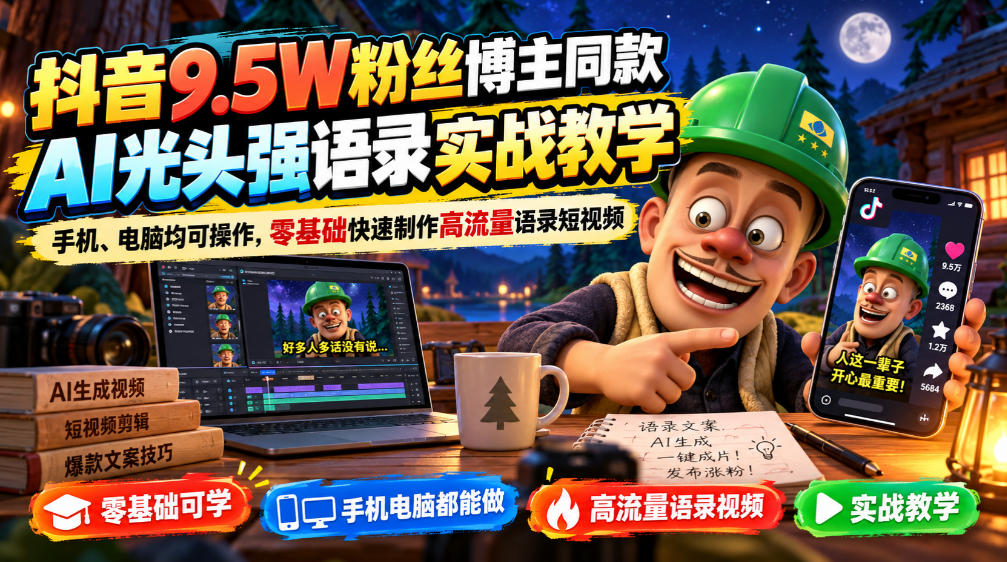 抖音9.5W粉丝博主同款AI光头强语录实战教学，手机、电脑均可操作，零基础快速制作高流量语录短视频-云创网