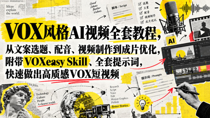 VOX风格AI视频全套教程，从文案选题、配音、视频制作到成片优化，附带VOXeasy Skill、全套提示词，快速做出高质感VOX短视频-云创网