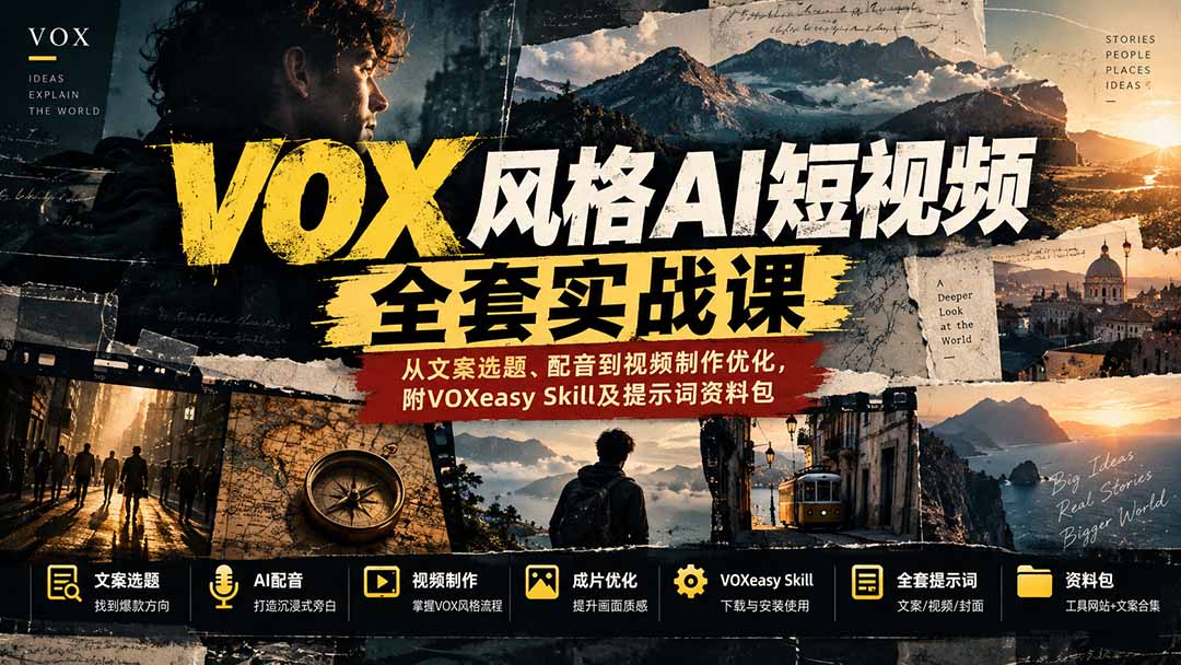【无水印】VOX风格AI短视频全套实战课：从文案选题、配音到视频制作优化，附VOXeasy Skill及提示词资料包-云创网