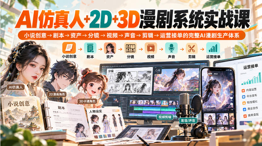 【无水印】AI仿真人+2D+3D漫剧系统实战课，小说创意→剧本→资产→分镜→视频→声音→剪辑→运营接单的完整AI漫剧生产体系-云创网