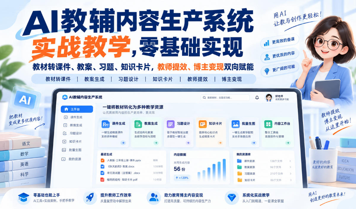 【无水印】AI教辅内容生产系统实战教学，零基础实现教材转课件、教案、习题、知识卡片，教师提效、博主变现双向赋能(更新0926)-云创网