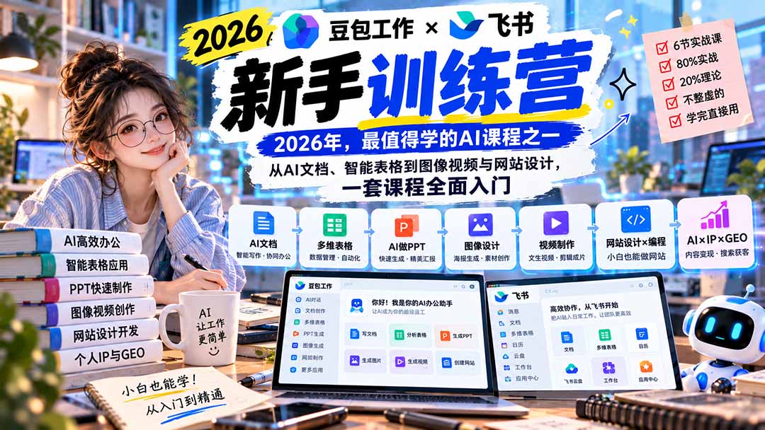 2026豆包工作+飞书新手训练营-9月新课：从AI文档、智能表格到图像视频与网站设计，一套课程全面入门-云创网
