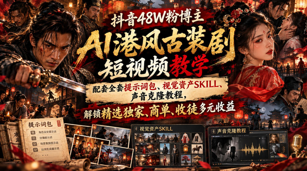 抖音48W粉博主AI港风古装剧短视频教学，配套全套提示词包、视觉资产SKILL、声音克隆教程，解锁精选独家、商单、收徒多元收益-云创网