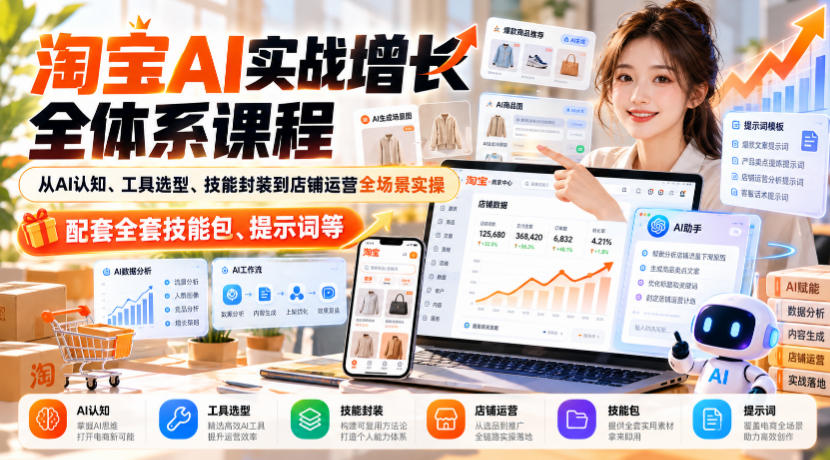 淘宝AI实战增长全体系课程，从AI认知、工具选型、技能封装到店铺运营全场景实操，配套全套技能包、提示词等-云创网