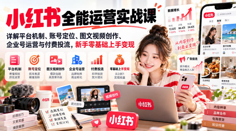 小红书全能运营实战课，详解平台机制、账号定位、图文视频创作、企业号运营与付费投流，新手零基础上手变现-云创网