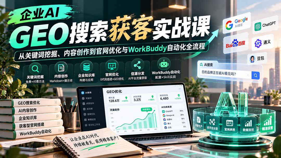 企业AI GEO搜索获客实战课：从关键词挖掘、内容创作到官网优化与WorkBuddy自动化全流程-云创网