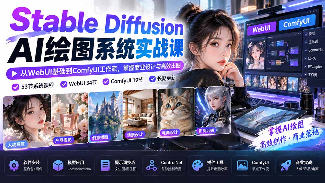 【无水印】Stable Diffusion AI绘图系统实战课：从WebUI基础到ComfyUI工作流，掌握商业设计与高效出图-云创网