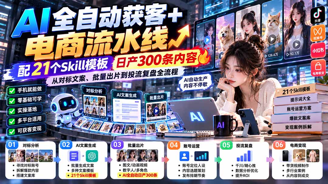 【无水印】AI全自动获客+电商流水线：配21个Skill模板，日产300条内容，从对标文案、批量出片到投流复盘全流程-云创网